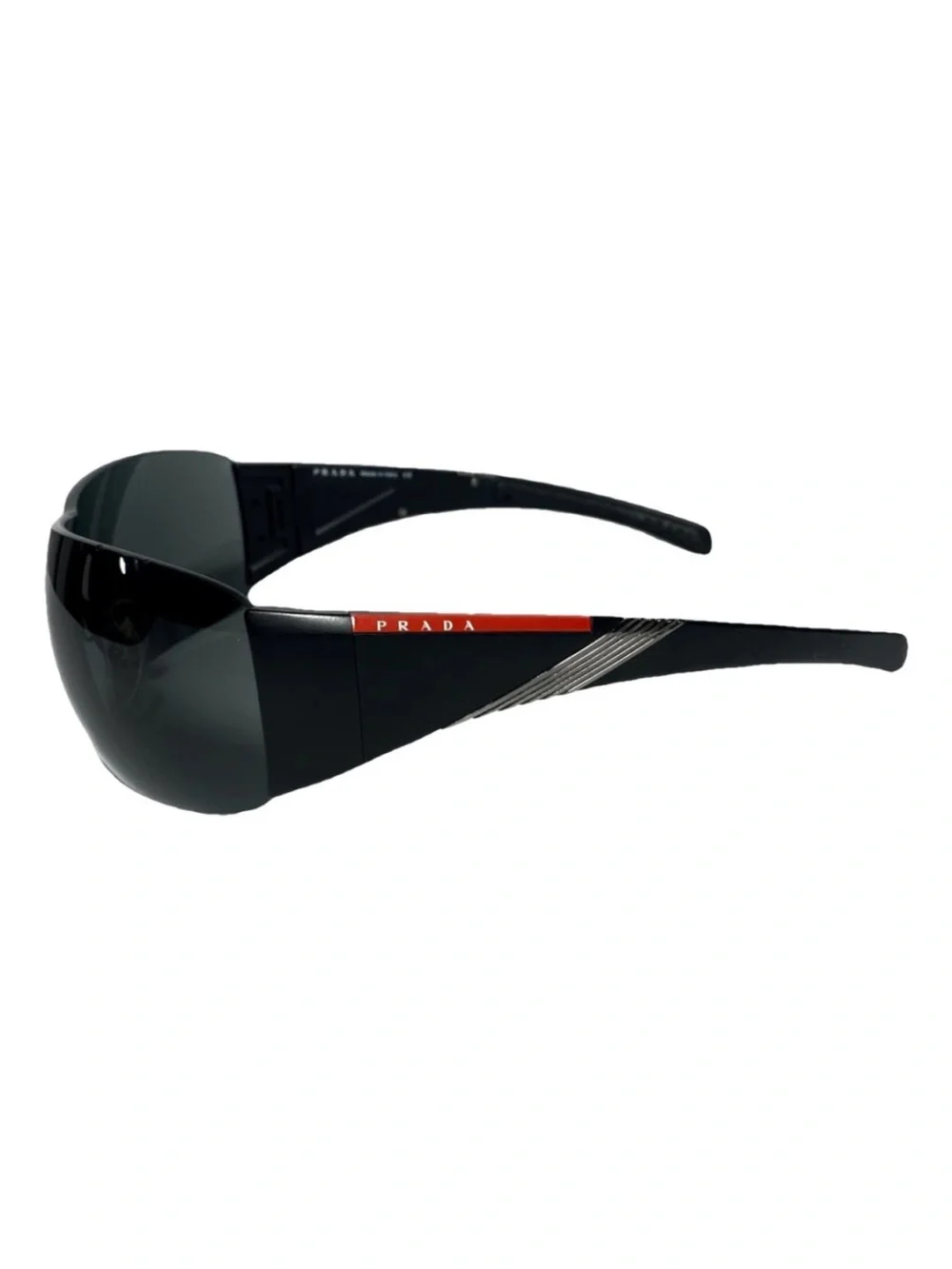 Prada Black Shield Sunglasses with Red Temple Accent